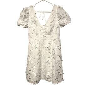 Crystal Doll White Eyelet Lace V-Neck Short Dress Short Puff Sleeve Angel Med